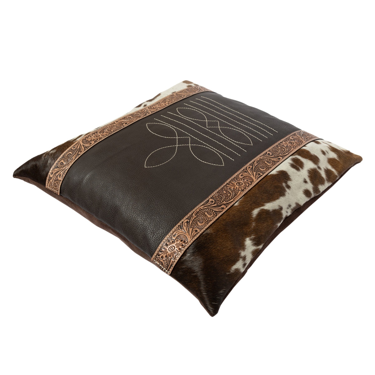 Decorative pillow with brown leather and cowhide pattern on a white background