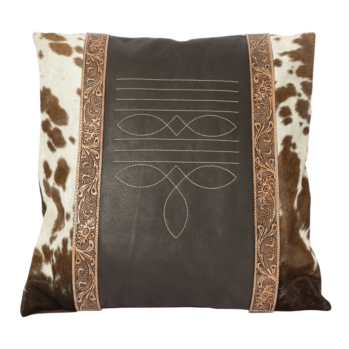 Decorative pillow with cowhide leather and embroidered design on a white background
