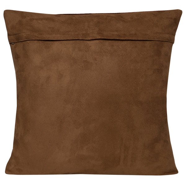 Patched Cowhide Cushion. Set of four patterned pillows with brown and beige colors on a white background