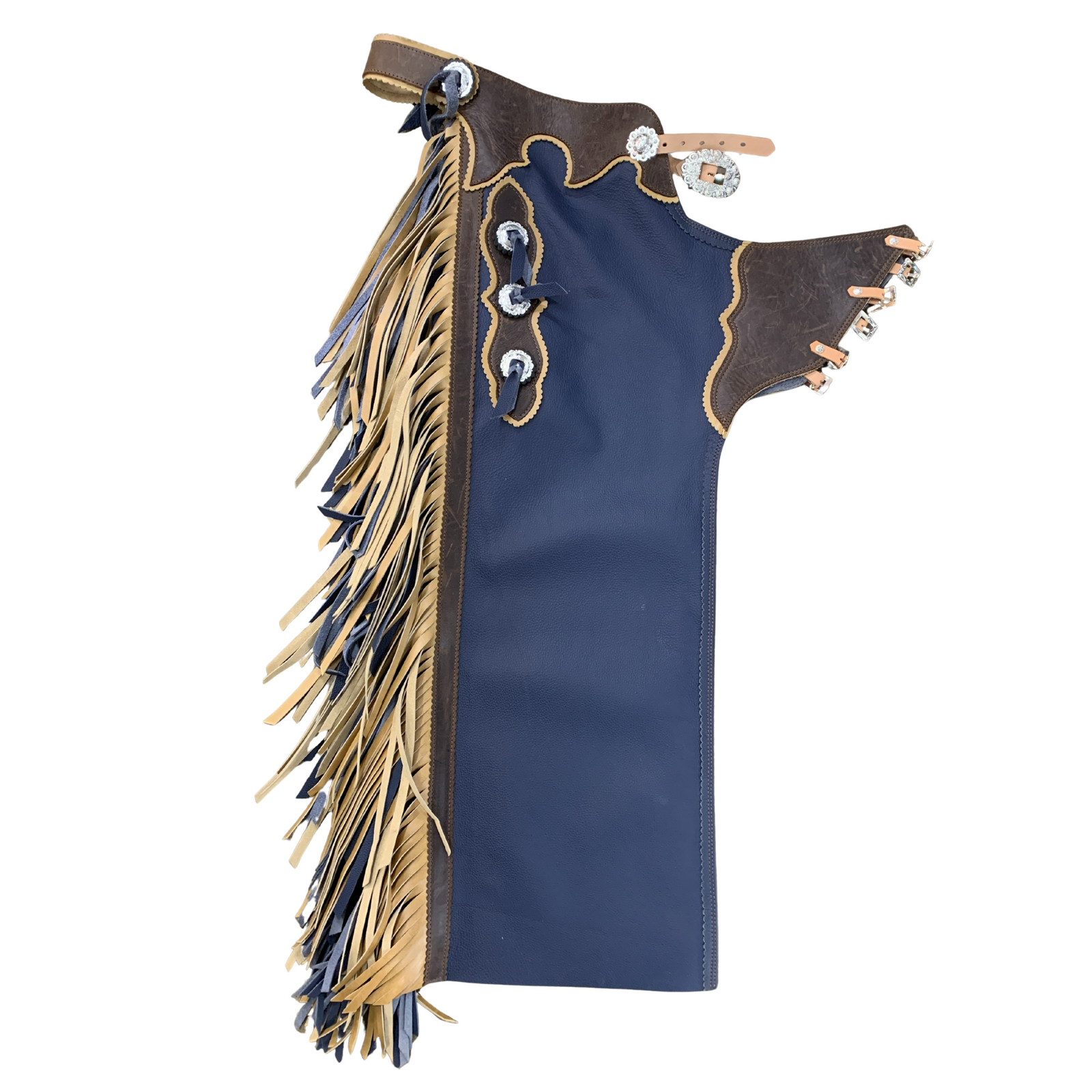Hang "N' Rattle Cutting Chaps. Navy blue chaps with gold fringe and decorative buttons on a white background