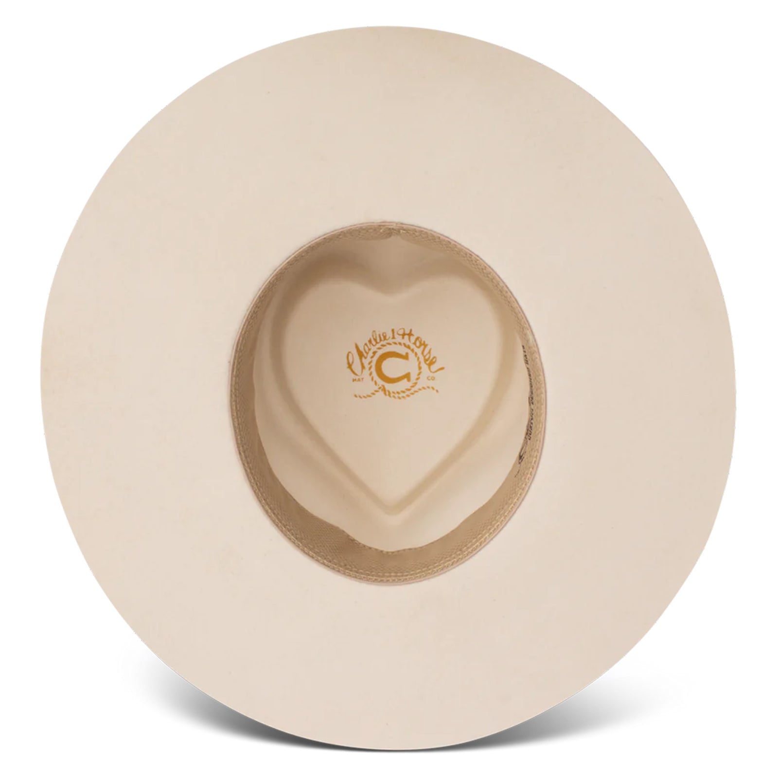 Charlie 1 Horse Fling Felt Cowboy Hat. A beige wool cowboy hat with a flat brim and a heart-shaped crown, featuring a metallic concho with turquoise ornamentation and a jute hatband. 