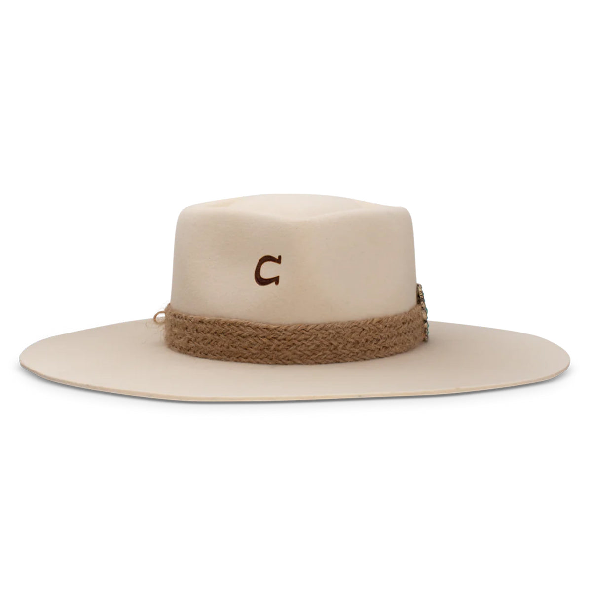 Charlie 1 Horse Fling Felt Cowboy Hat. A beige wool cowboy hat with a flat brim and a heart-shaped crown, featuring a metallic concho with turquoise ornamentation and a jute hatband. 