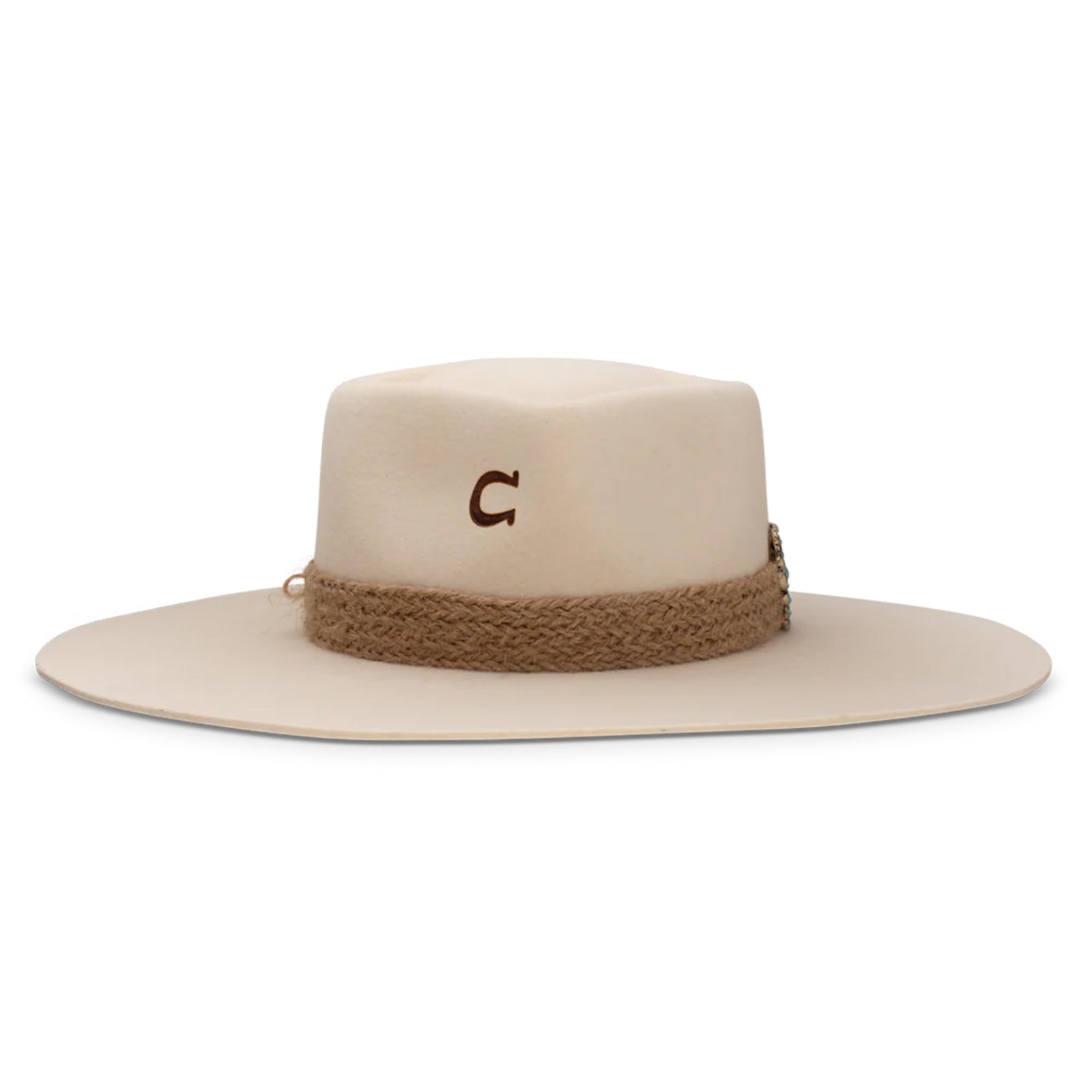 Charlie 1 Horse Fling Felt Cowboy Hat. A beige wool cowboy hat with a flat brim and a heart-shaped crown, featuring a metallic concho with turquoise ornamentation and a jute hatband. 