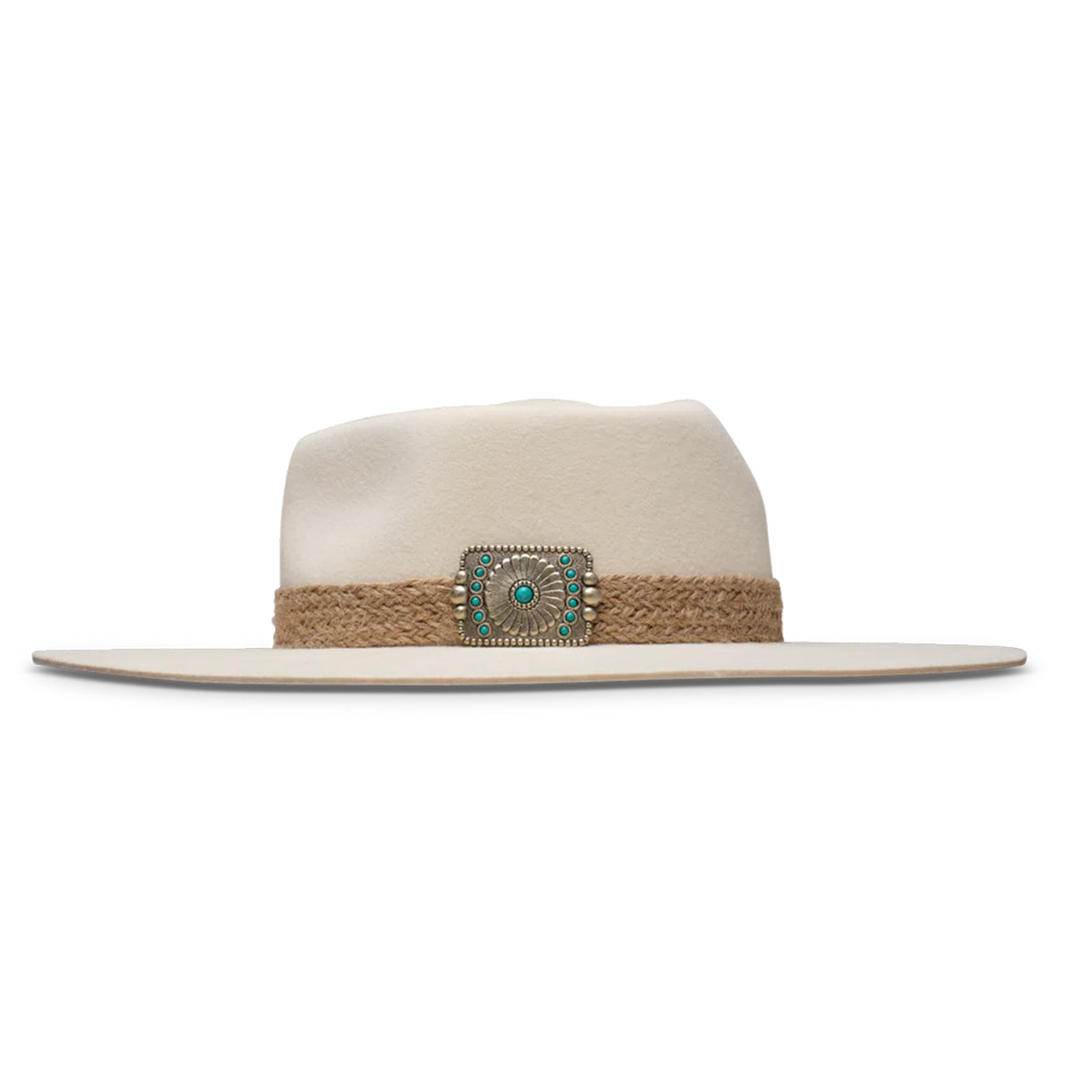 Charlie 1 Horse Fling Felt Cowboy Hat. A beige wool cowboy hat with a flat brim and a heart-shaped crown, featuring a metallic concho with turquoise ornamentation and a jute hatband. 