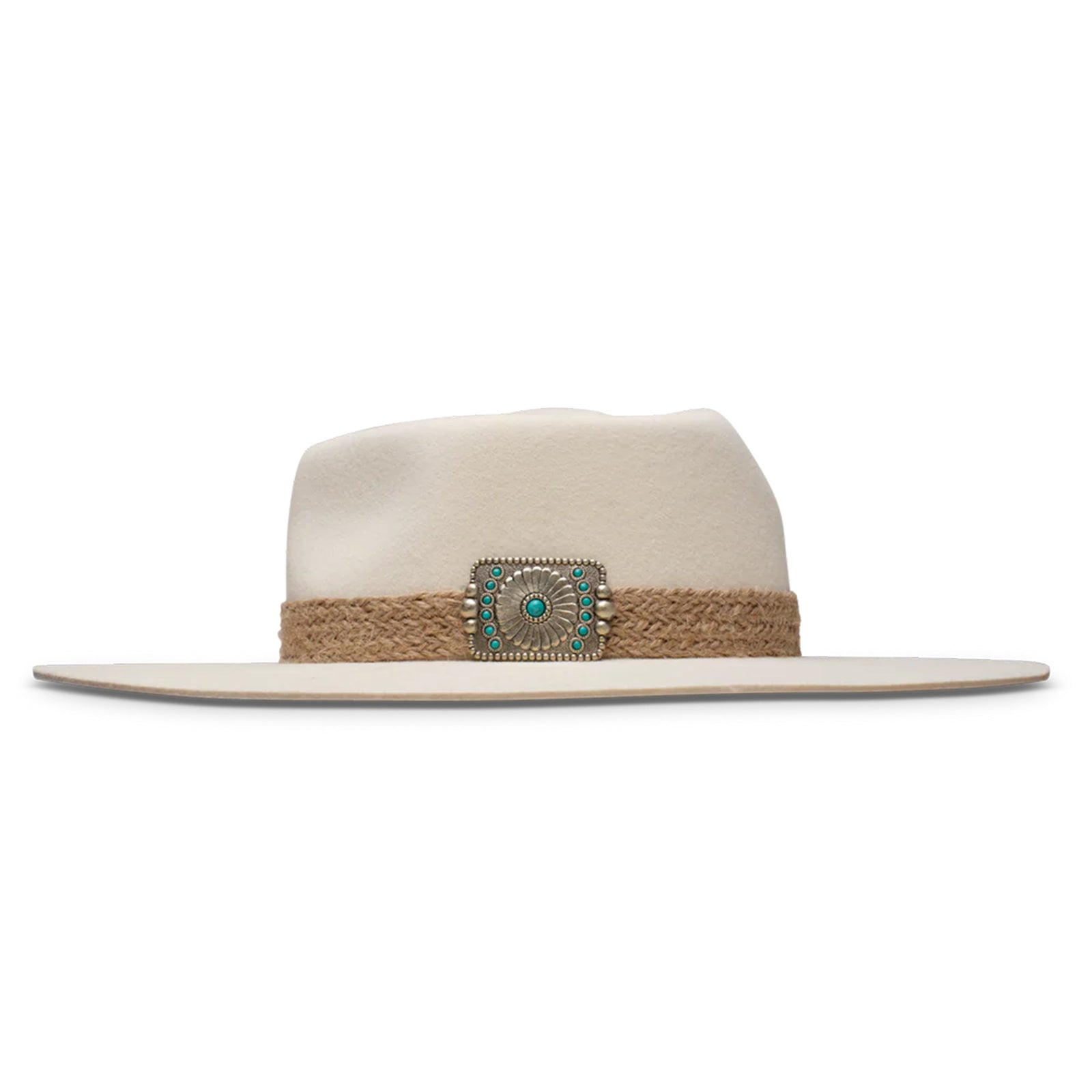 Charlie 1 Horse Fling Felt Cowboy Hat. A beige wool cowboy hat with a flat brim and a heart-shaped crown, featuring a metallic concho with turquoise ornamentation and a jute hatband. 