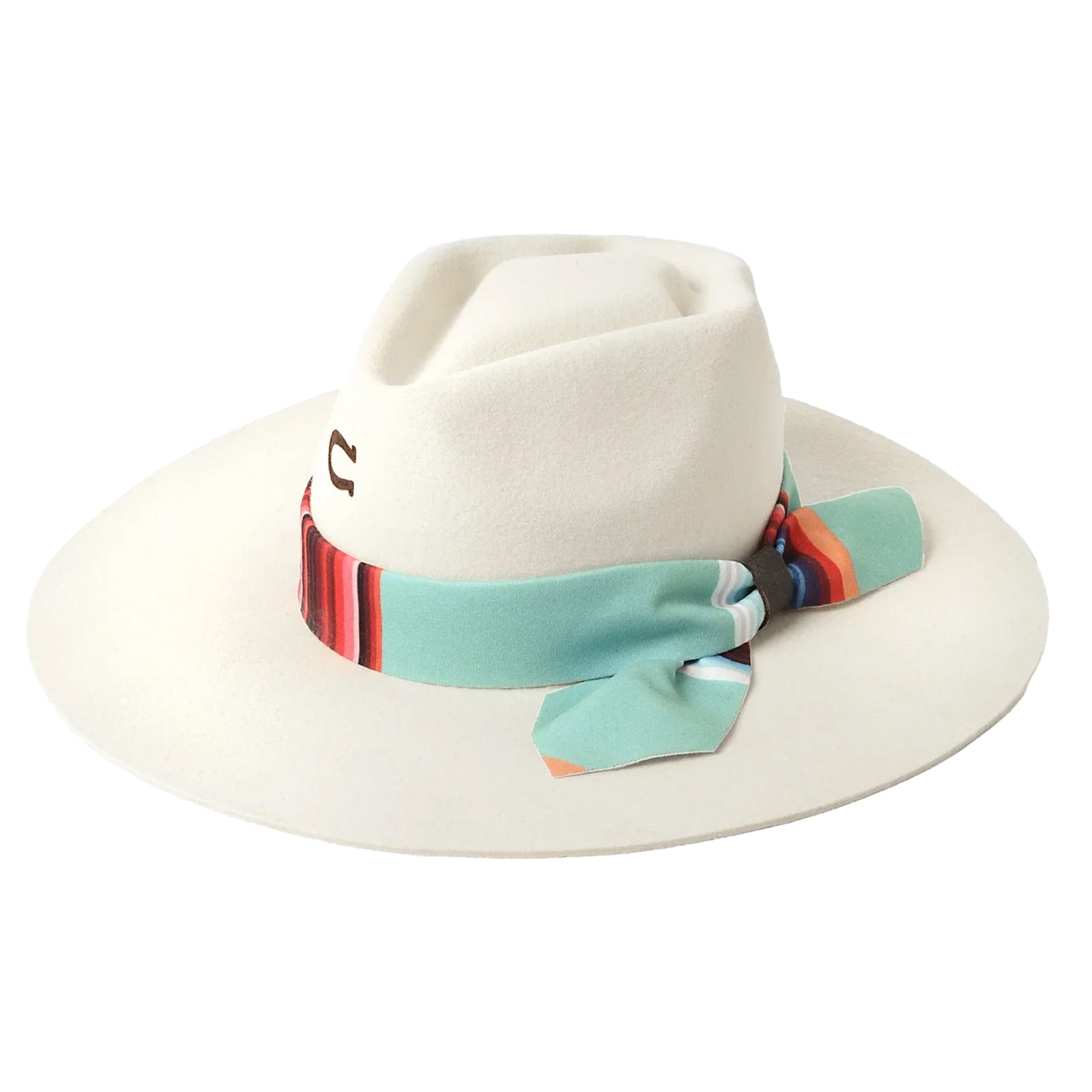 Charlie 1 Horse Indian Lodge Felt Cowboy Hat. A white Charlie 1 Horse Indian Lodge felt cowboy hat with a colorful band, displayed on a plain background.