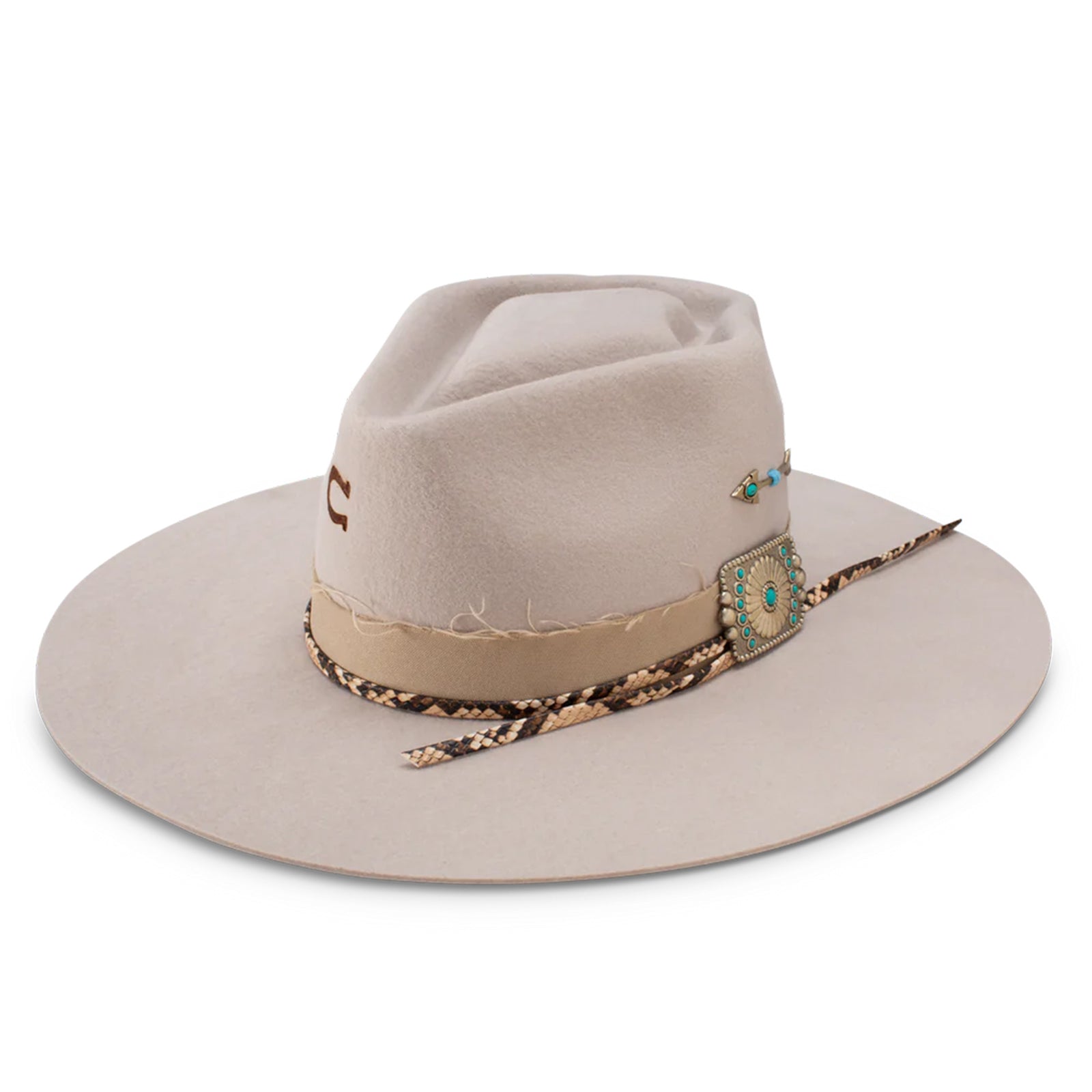 Charlie One Horse Spear Point Felt Cowboy Hat. Beige cowboy hat with decorative band on a white background