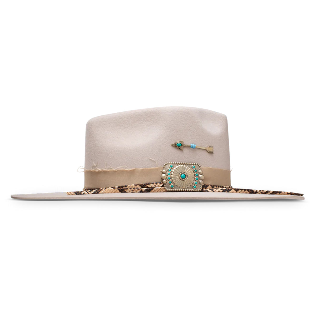 Charlie One Horse Spear Point Felt Cowboy HatBeige hat with decorative band and turquoise stones on a white background 