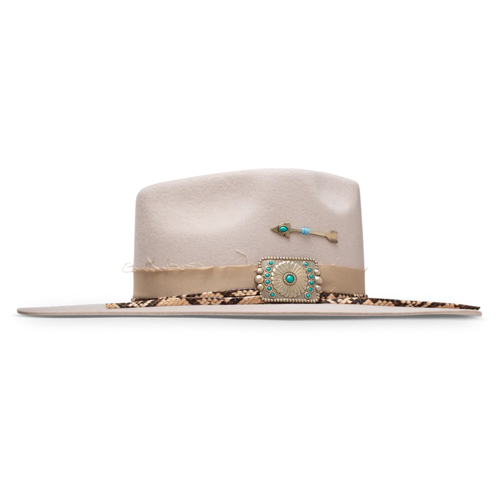 Charlie One Horse Spear Point Felt Cowboy HatBeige hat with decorative band and turquoise stones on a white background 