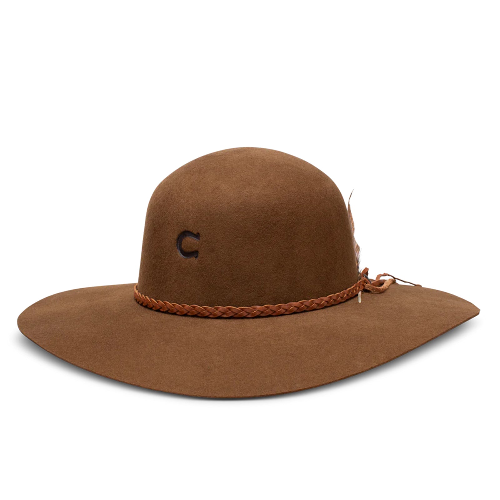 Charlie 1 Horse Wanderlust Felt Cowboy Hat. A brown wool cowboy hat with a bubble crown and a brim, featuring a woven hatband with a silver side concho and a small feather, and the Charlie 1 Horse brand logo on the crown.