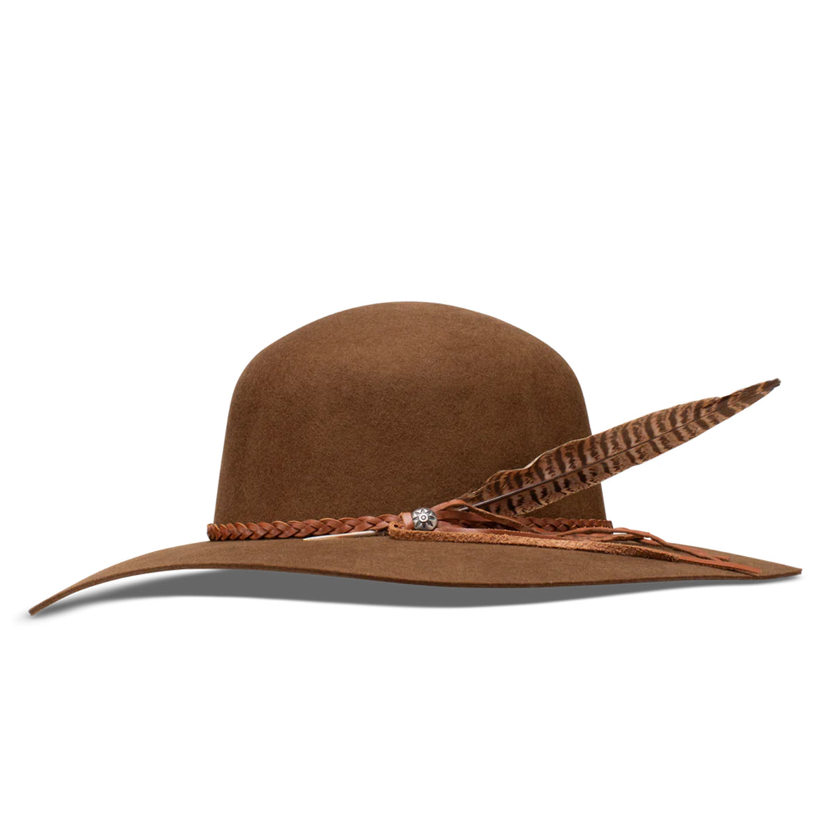 Charlie 1 Horse Wanderlust Felt Cowboy Hat. A brown wool cowboy hat with a bubble crown and a brim, featuring a woven hatband with a silver side concho and a small feather, and the Charlie 1 Horse brand logo on the crown.