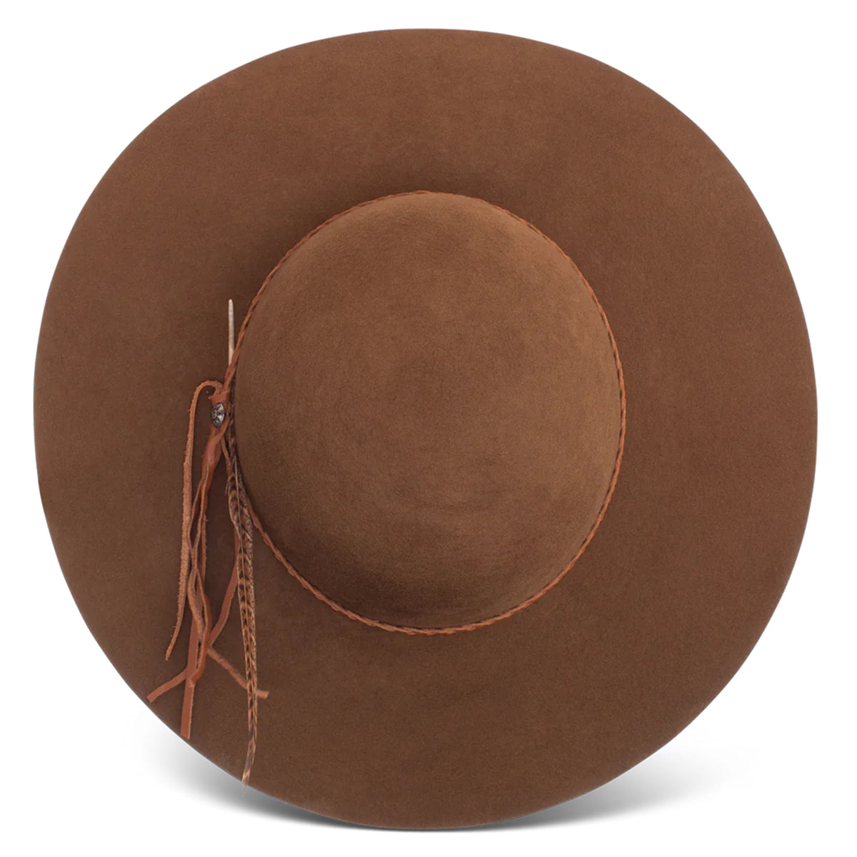 Charlie 1 Horse Wanderlust Felt Cowboy Hat. A brown wool cowboy hat with a bubble crown and a brim, featuring a woven hatband with a silver side concho and a small feather, and the Charlie 1 Horse brand logo on the crown.