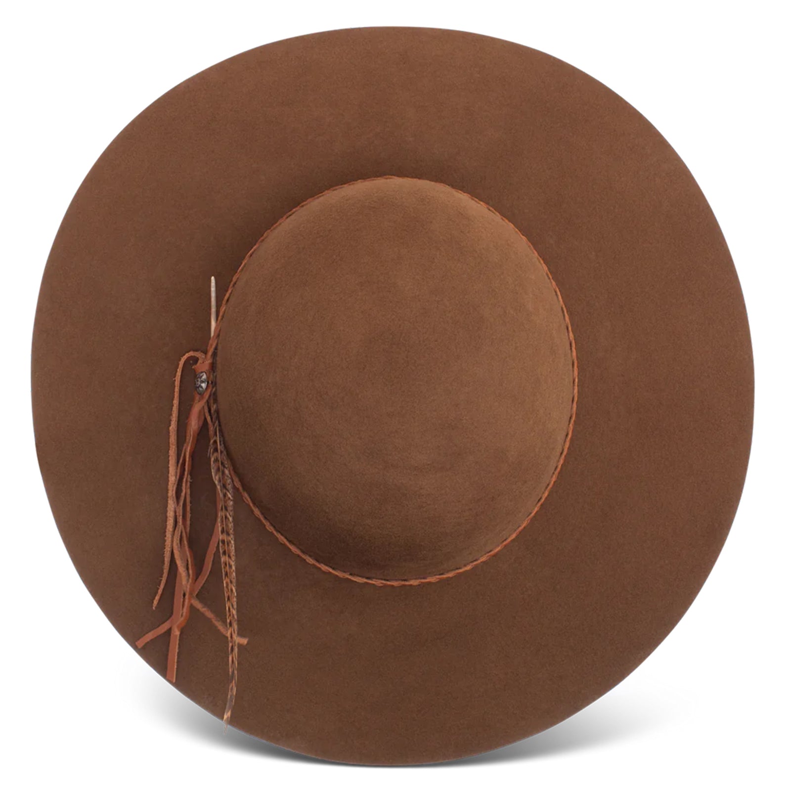 Charlie 1 Horse Wanderlust Felt Cowboy Hat. A brown wool cowboy hat with a bubble crown and a brim, featuring a woven hatband with a silver side concho and a small feather, and the Charlie 1 Horse brand logo on the crown.