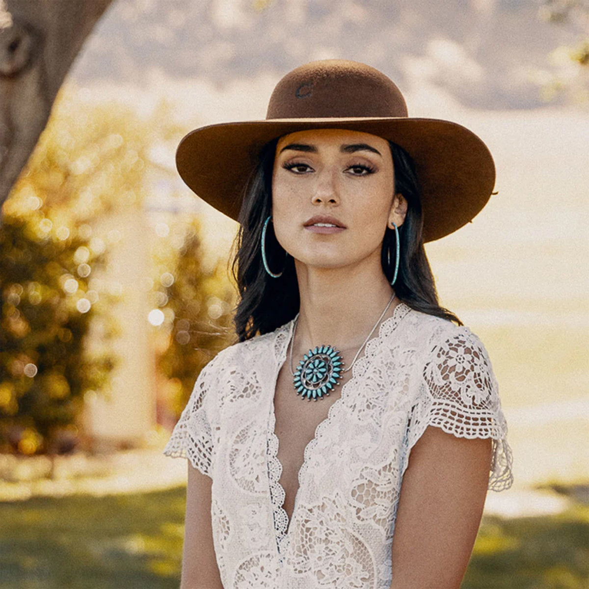 Charlie 1 Horse Wanderlust Felt Cowboy Hat. A brown wool cowboy hat with a bubble crown and a brim, featuring a woven hatband with a silver side concho and a small feather, and the Charlie 1 Horse brand logo on the crown.