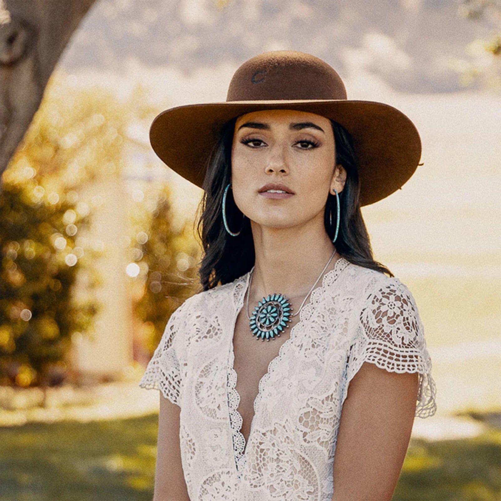 Charlie 1 Horse Wanderlust Felt Cowboy Hat. A brown wool cowboy hat with a bubble crown and a brim, featuring a woven hatband with a silver side concho and a small feather, and the Charlie 1 Horse brand logo on the crown.