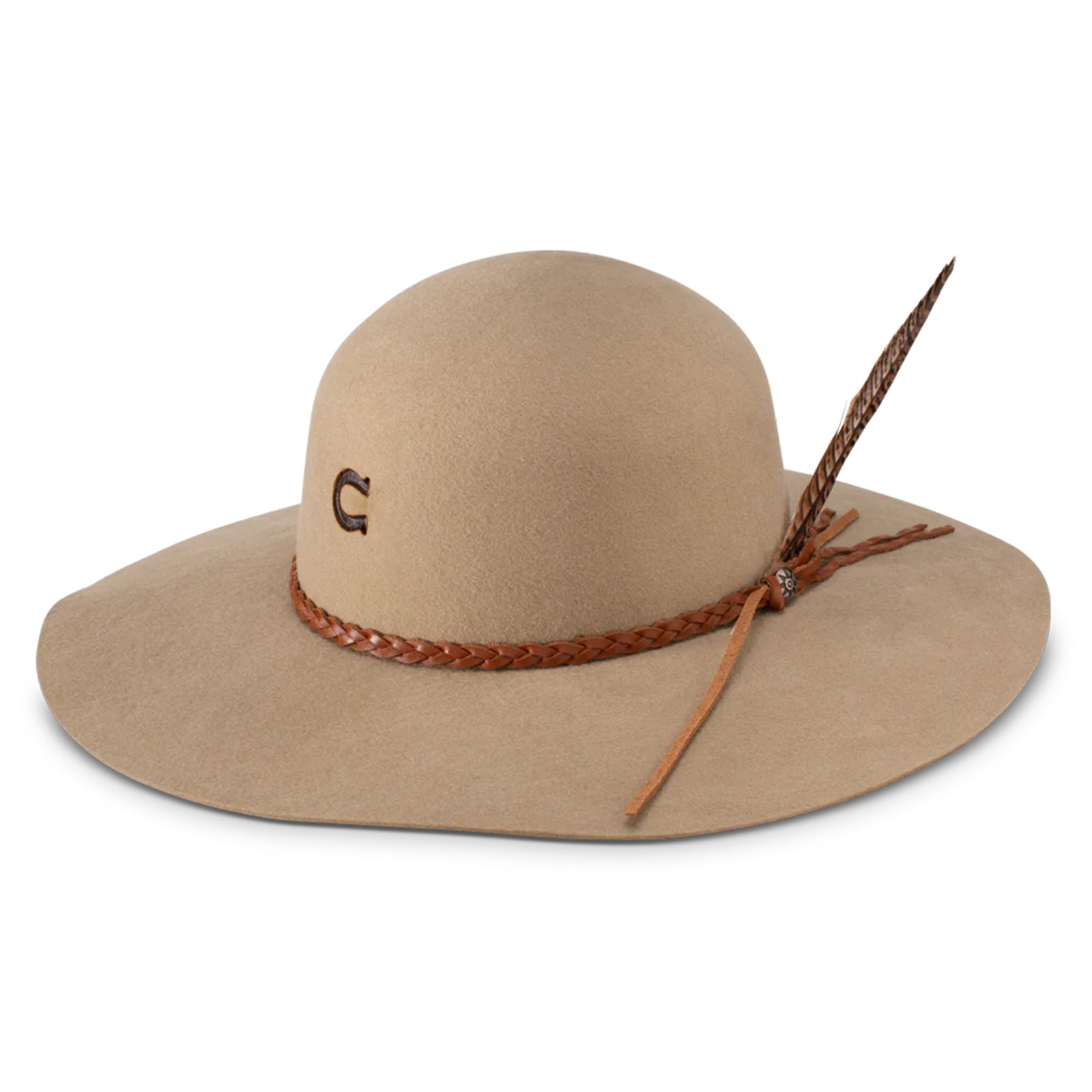 Charlie 1 Horse Wanderlust Felt Cowboy Hat. A beige wool cowboy hat with a bubble crown and a brim, featuring a woven hatband with a silver side concho and a feather, and the Charlie 1 Horse brand logo on the crown.