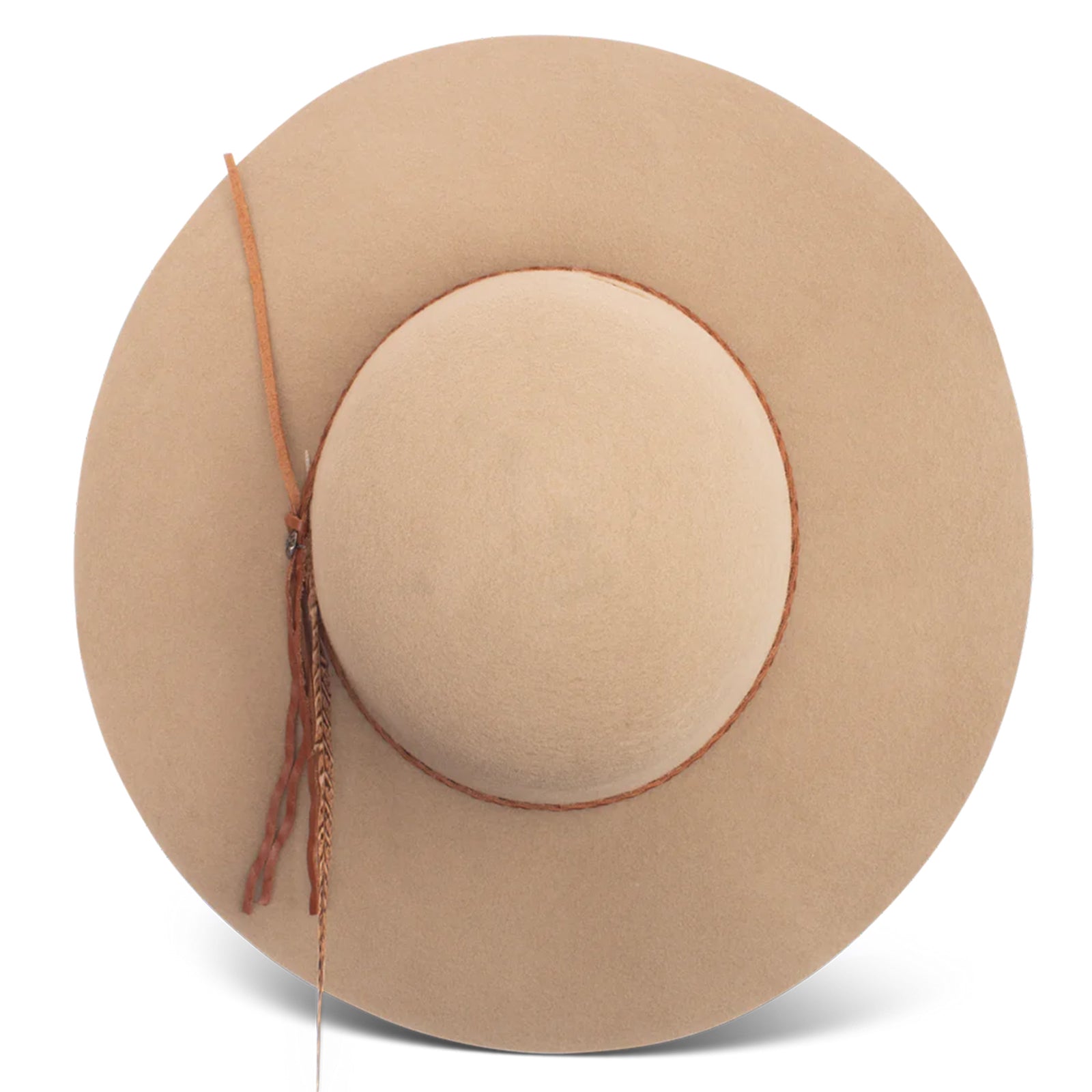 Charlie 1 Horse Wanderlust Felt Cowboy Hat. A beige wool cowboy hat with a bubble crown and a brim, featuring a woven hatband with a silver side concho and a feather, and the Charlie 1 Horse brand logo on the crown.