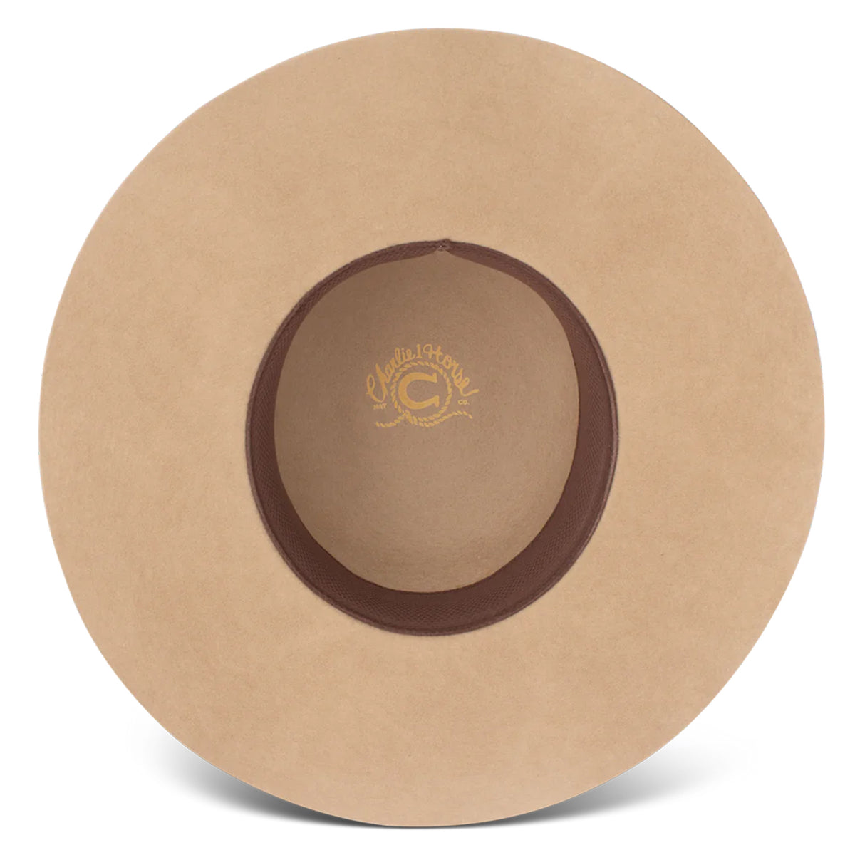 Charlie 1 Horse Wanderlust Felt Cowboy Hat. A beige wool cowboy hat with a bubble crown and a brim, featuring a woven hatband with a silver side concho and a feather, and the Charlie 1 Horse brand logo on the crown.