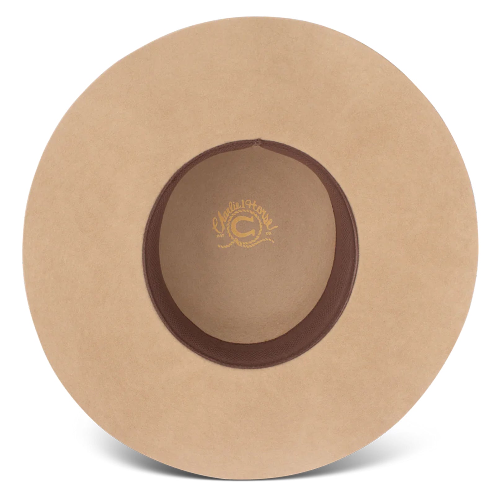 Charlie 1 Horse Wanderlust Felt Cowboy Hat. A beige wool cowboy hat with a bubble crown and a brim, featuring a woven hatband with a silver side concho and a feather, and the Charlie 1 Horse brand logo on the crown.