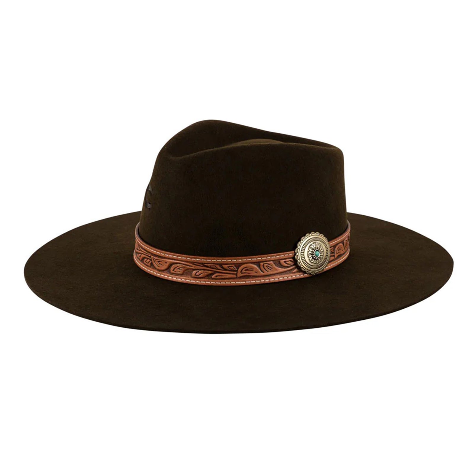 Charlie 1 Horse White Sands Felt Cowboy Hat. A brown felt cowboy hat with a leather-like hat band featuring metal-like and turquoise accents, and a metal-like pin.