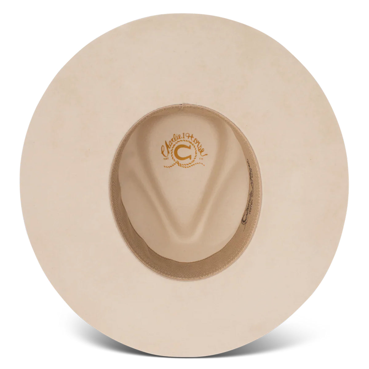Charlie 1 Horse White Sands Felt Cowboy Hat. A beige felt cowboy hat with a leather-like hat band featuring metal-like and turquoise accents, and a metal-like arrow hat pin.