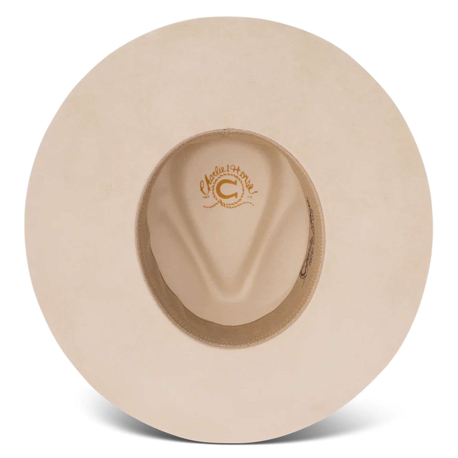 Charlie 1 Horse White Sands Felt Cowboy Hat. A beige felt cowboy hat with a leather-like hat band featuring metal-like and turquoise accents, and a metal-like arrow hat pin.