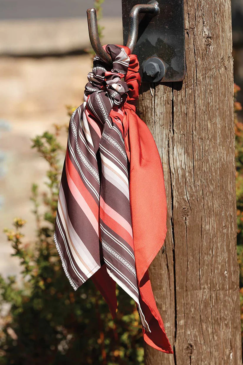 Cruel Denim Women's Wild Rag Bundle. Colorful striped scarf tied around a metal hook on a wooden post.