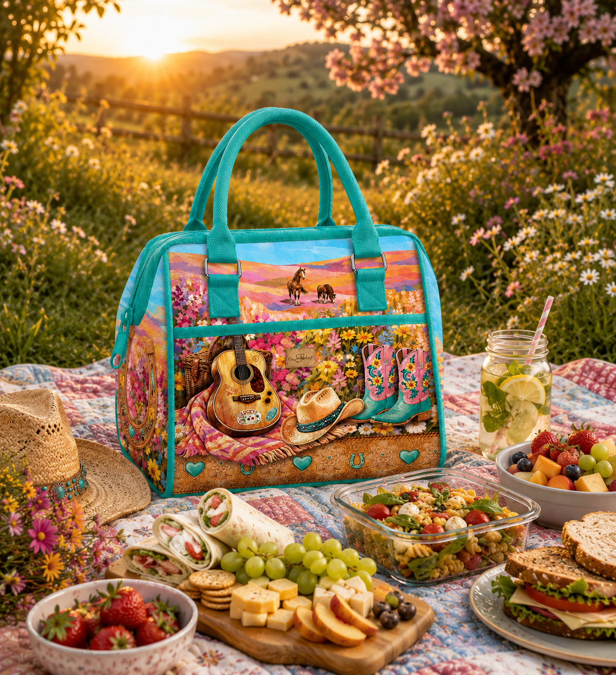 A colorful picnic scene outdoors in a sunlit wildflower meadow, with a large tote bag as the main product. The bag has turquoise handles and trim and a printed multicolor design featuring a guitar, cowboy boots, flowers, and a sunset.