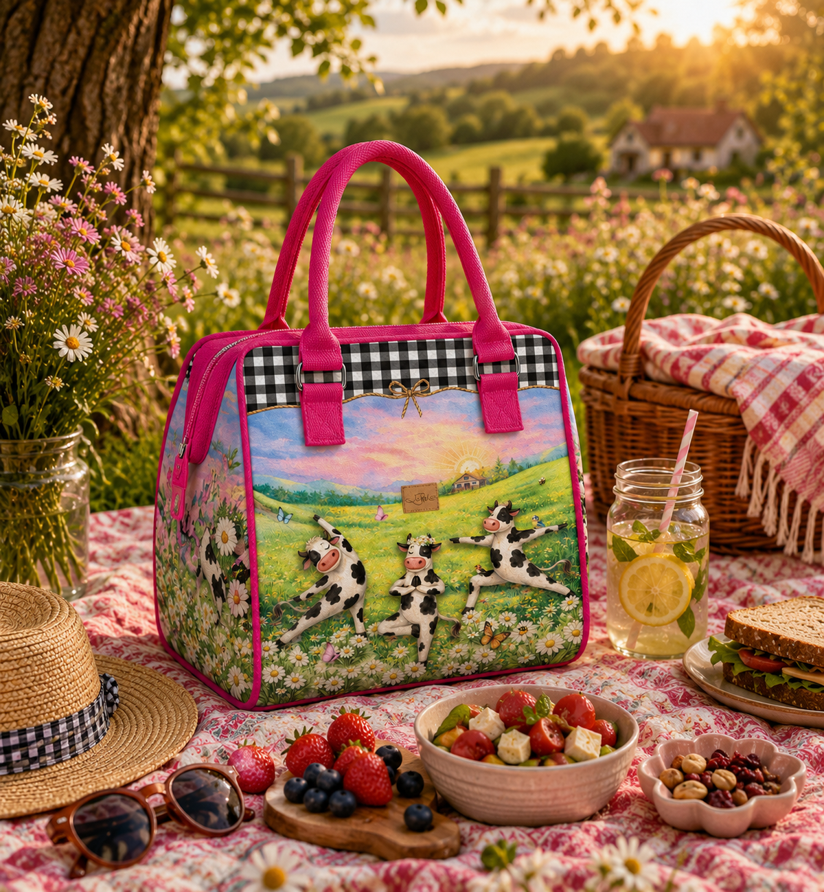 A pink handled lunch bag with a colorful countryside print featuring cows in a field, styled on a picnic blanket with flowers, a straw hat, sunglasses, fruit, and a sandwich in an outdoor garden setting.