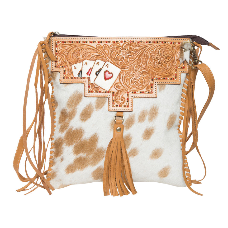 Chillan Tooling Leather Cowhide Sling Bag with Playing Cards Paint Highlight