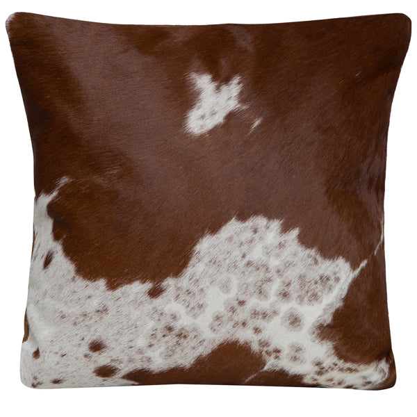 Single Panel Cowhide CushionBrown and white cowhide patterned pillow on a white background