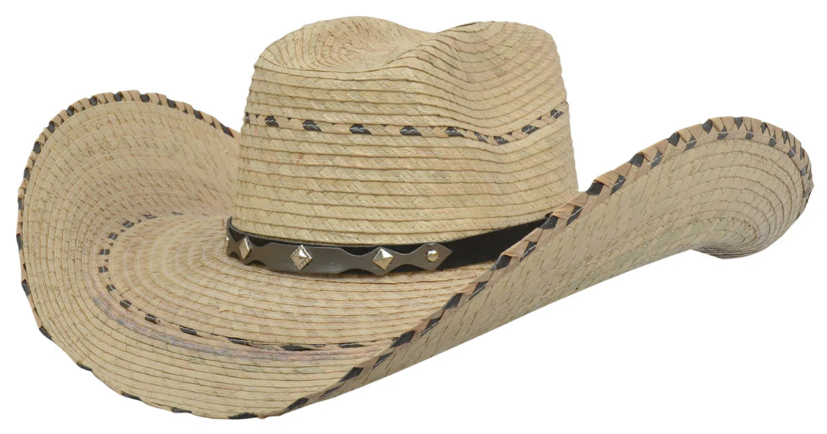 Old West Texas Palm Cowboy Hat. Beige cowboy hat with decorative band on a white background