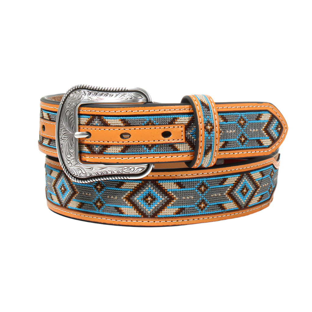 3D Men's Aztec Western Belt. A men's belt with a colorful Aztec fabric design on the buckle and billet tabs, trimmed in natural leather.