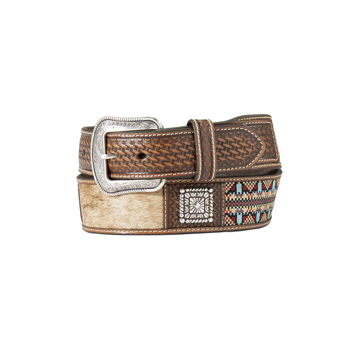 3D Men's Aztec Concho Western Belt. A western style men's belt with a silver floral engraved buckle, brown leather straps, and square conchos with rope edge detailing.