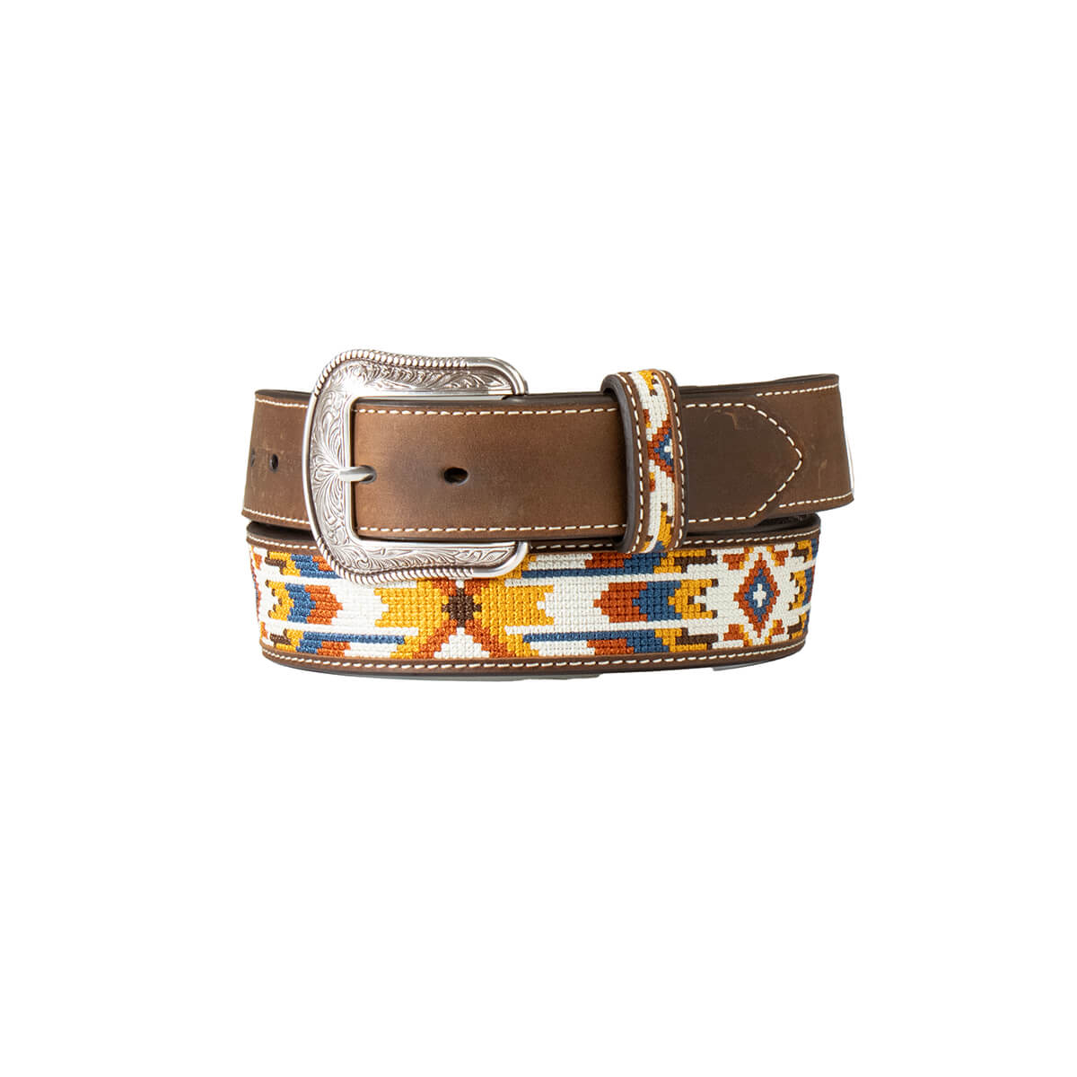 3D Men's Southwestern Western Belt. A men's belt with a leather strap featuring a southwestern embroidery inlay and an antique silver buckle.