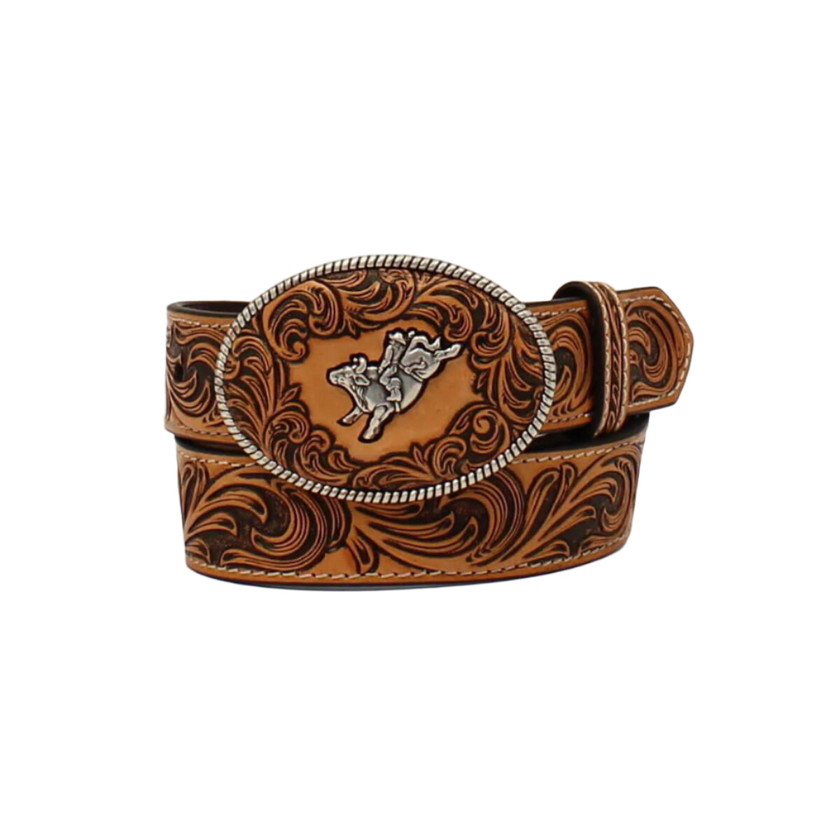 3D Boy's Oval Bullrider Western Belt. A boy's belt with a floral embossed design and an oval bullrider buckle in a tan color.