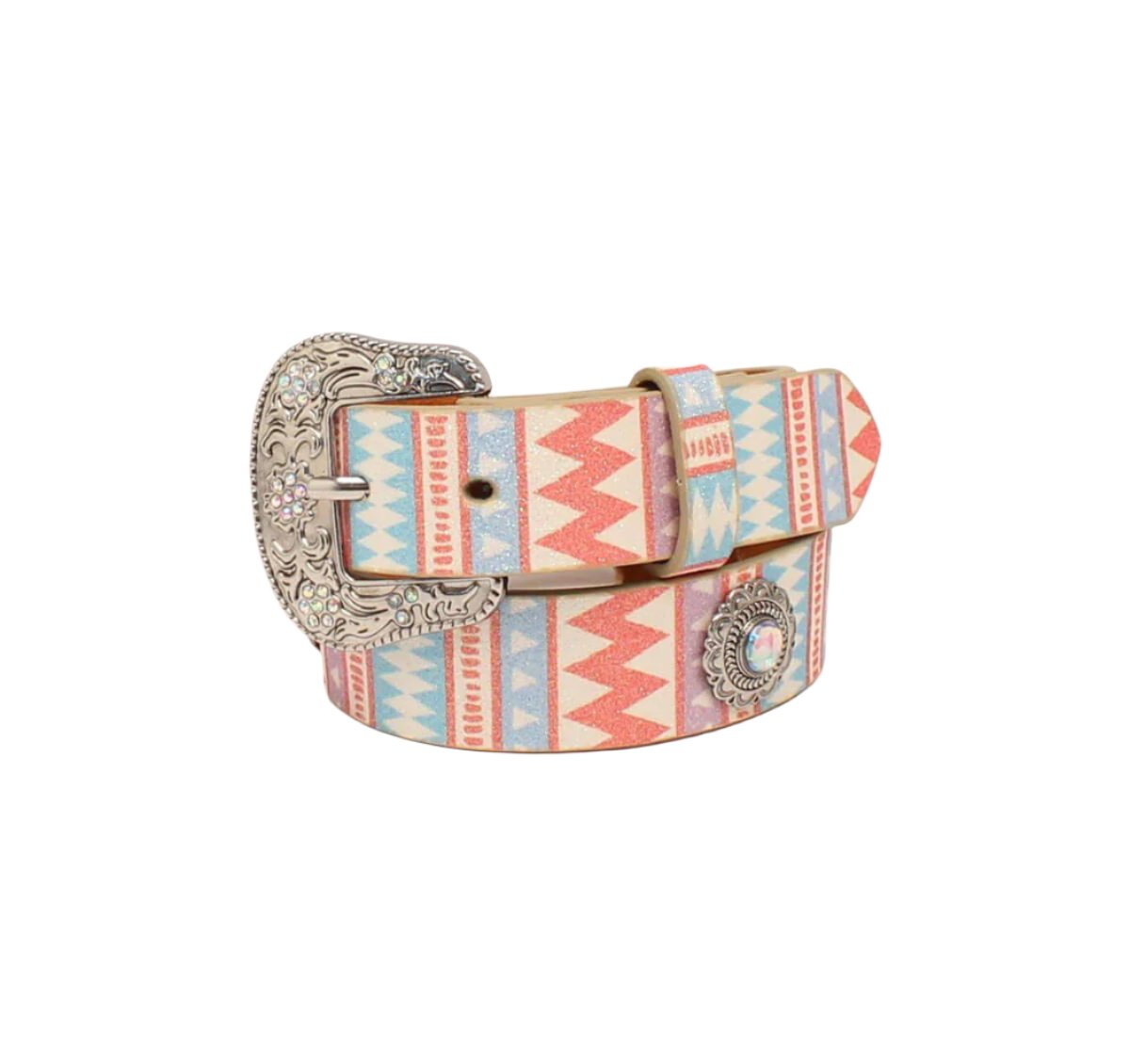 Angel Ranch Girl's Glitter Western Belt with a glittery pastel pattern and round rhinestone conchos, featuring an ornate rhinestone buckle.