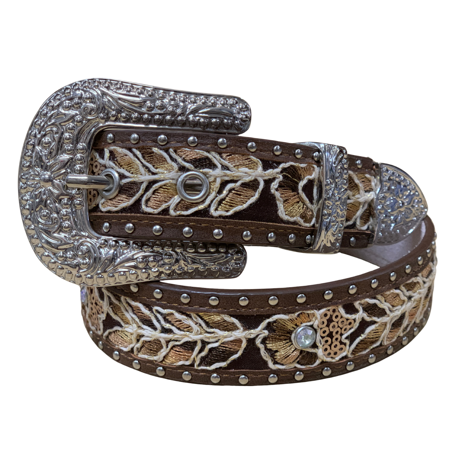 Decorative belt with intricate design and silver buckle on a white background