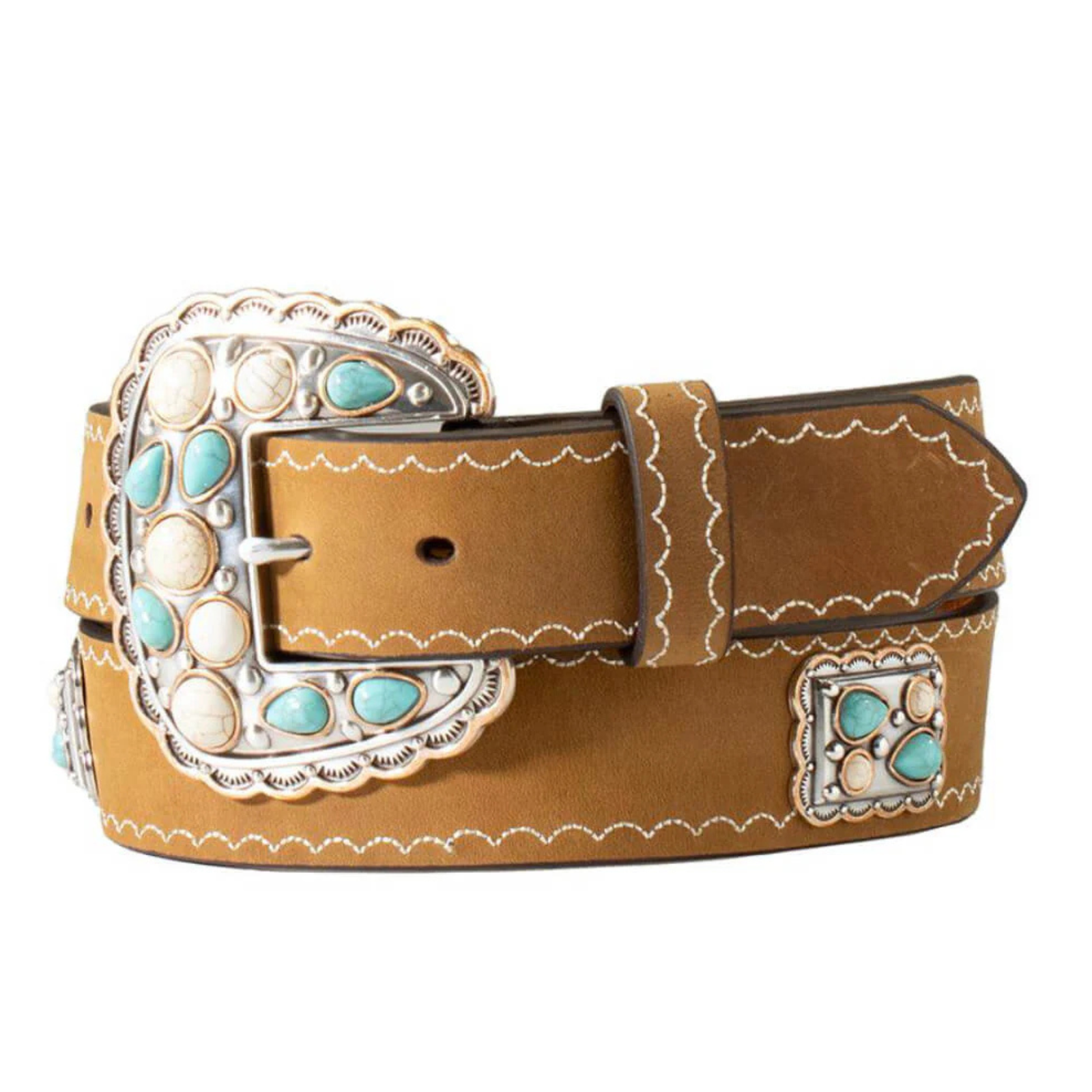 Angel Ranch Women's Rectangle Scalloped Conchos Western Belt. Brown leather belt with decorative buckle featuring turquoise stones on a white background