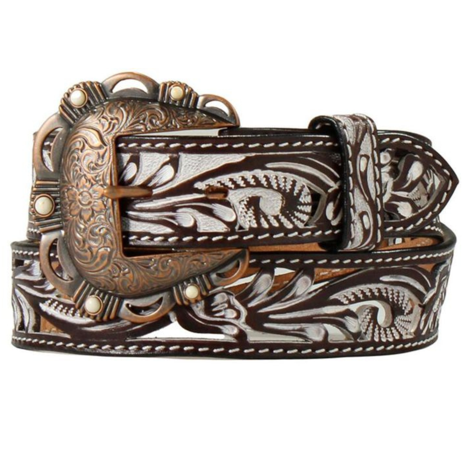 Angel Ranch Women's White Wash Filigree Western Belt. Decorative belt with intricate designs and a large buckle on a white background