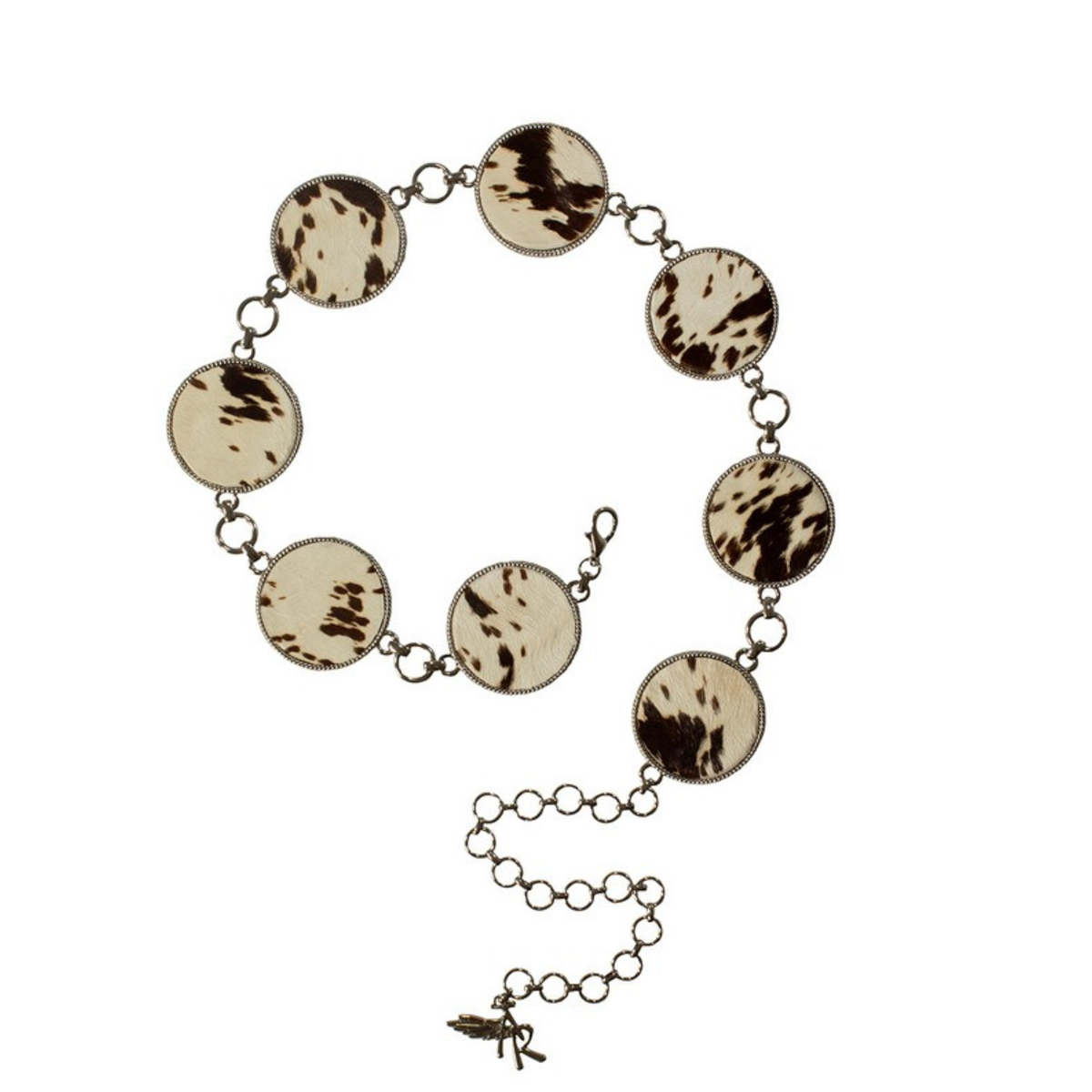 Angel Ranch Women's Calf Hair Chain Western Belt. Bracelet with round, speckled discs and a small charm on a white background