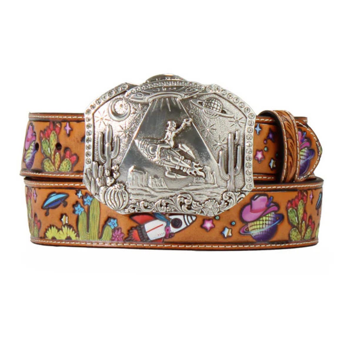 Angel Ranch Women's Cosmic Cowgirl Western Belt. Belt with a colorful pattern and large silver buckle on a white background