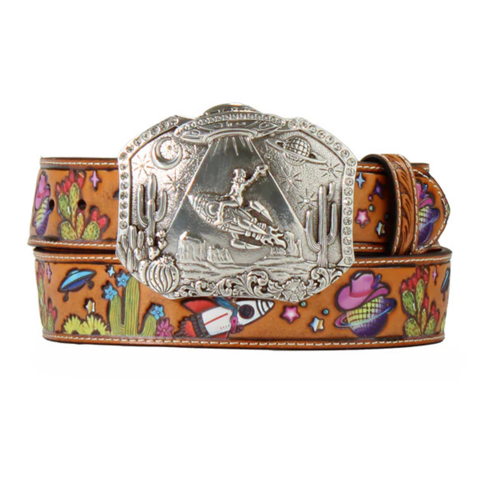 Angel Ranch Women's Cosmic Cowgirl Western Belt. Belt with a colorful pattern and large silver buckle on a white background