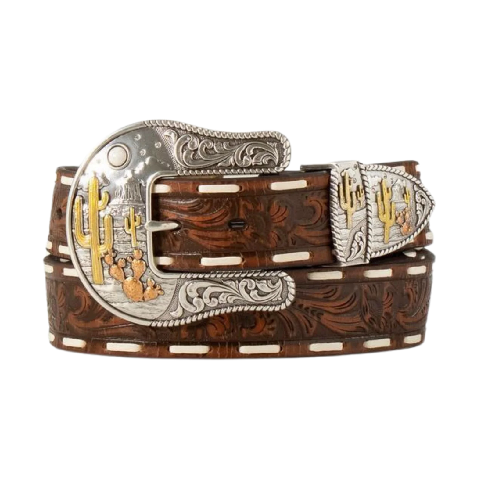 Angel Ranch Women's Floral Embossed Western Belt. Brown leather belt with silver and gold buckle featuring cactus designs on a white background