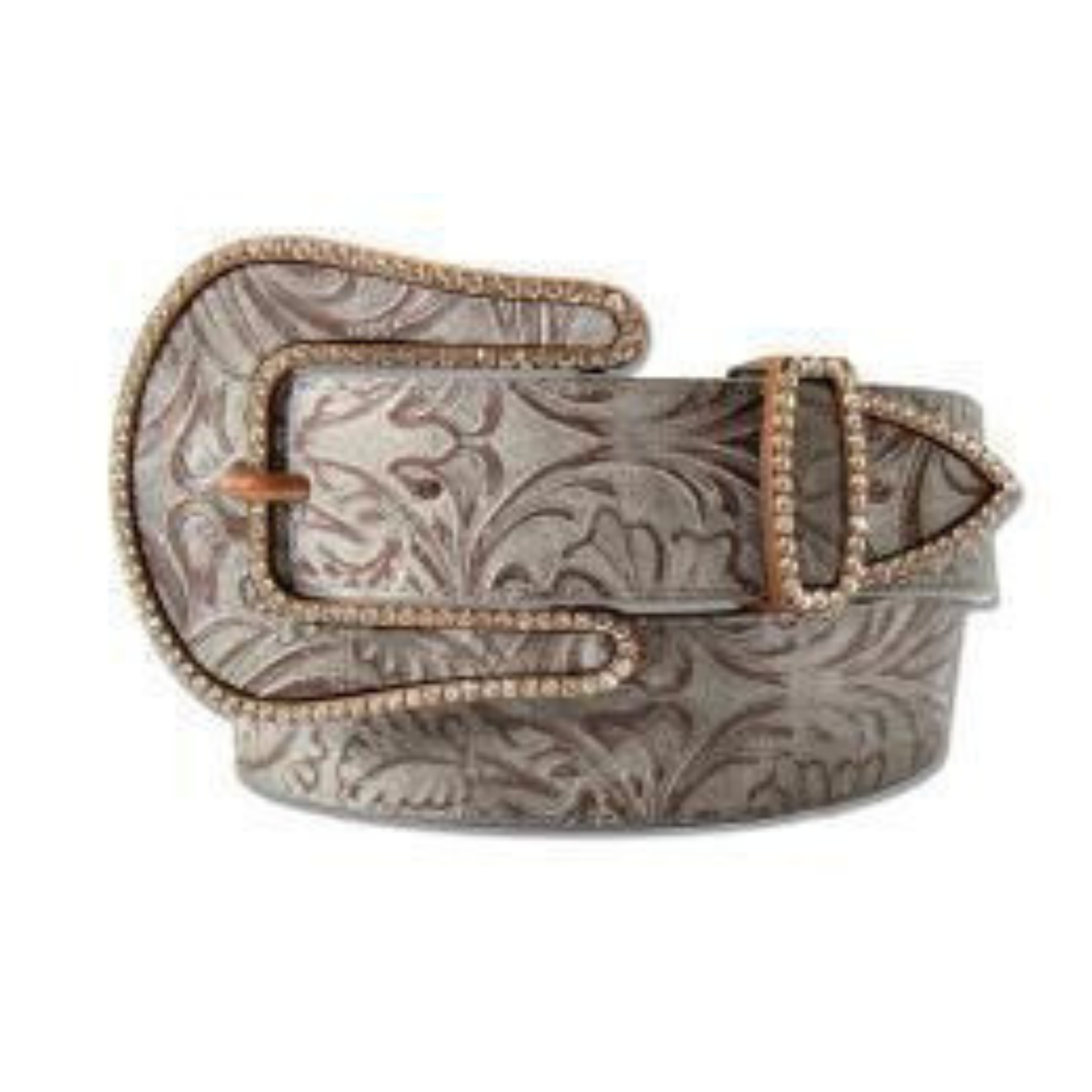 Angel Ranch Metallica Silver Floral Western Belt. Decorative belt with intricate pattern and brown buckle on a white background