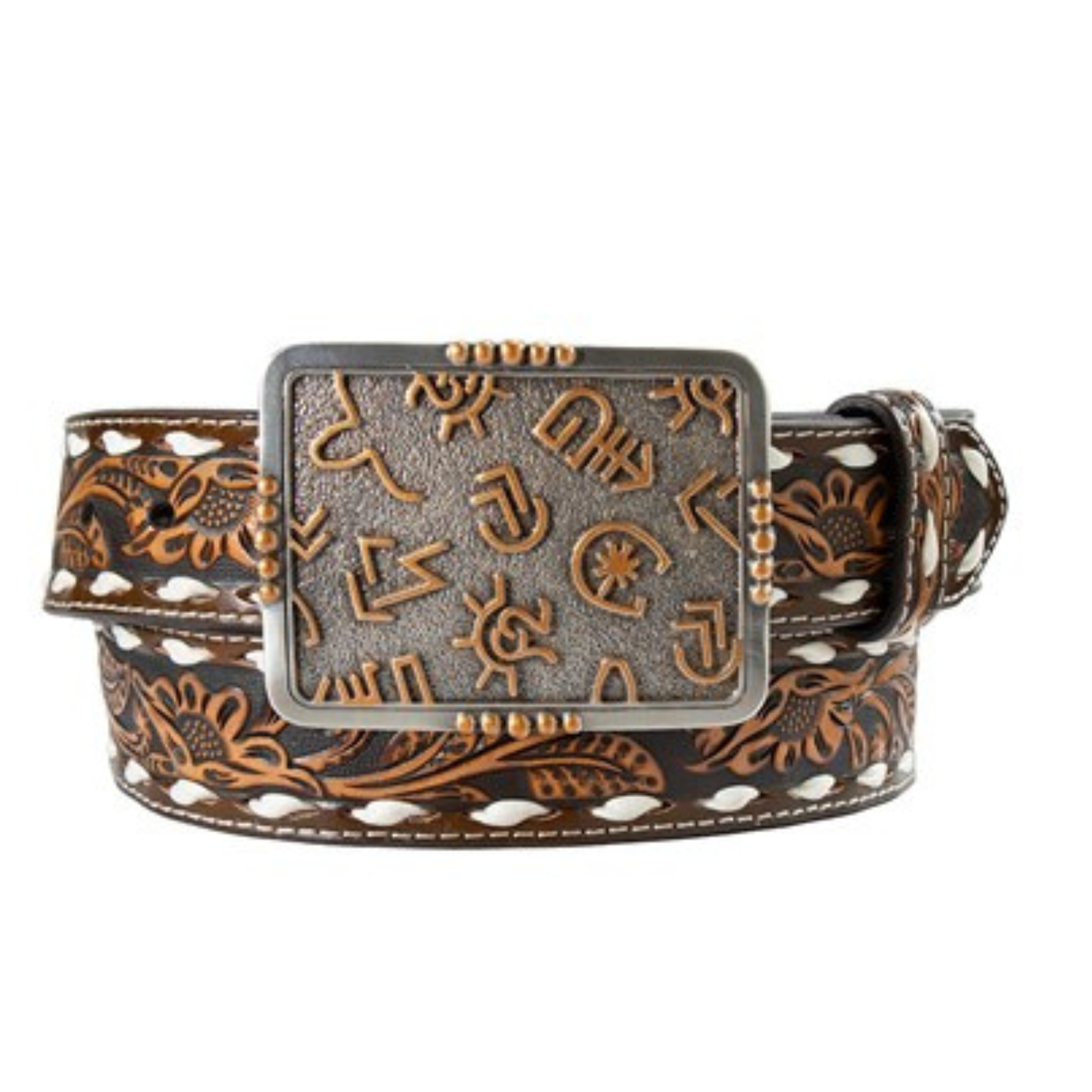 Angel Ranch Floral Embossed Western Belt. Brown leather belt with intricate patterns and a decorative buckle on a white background