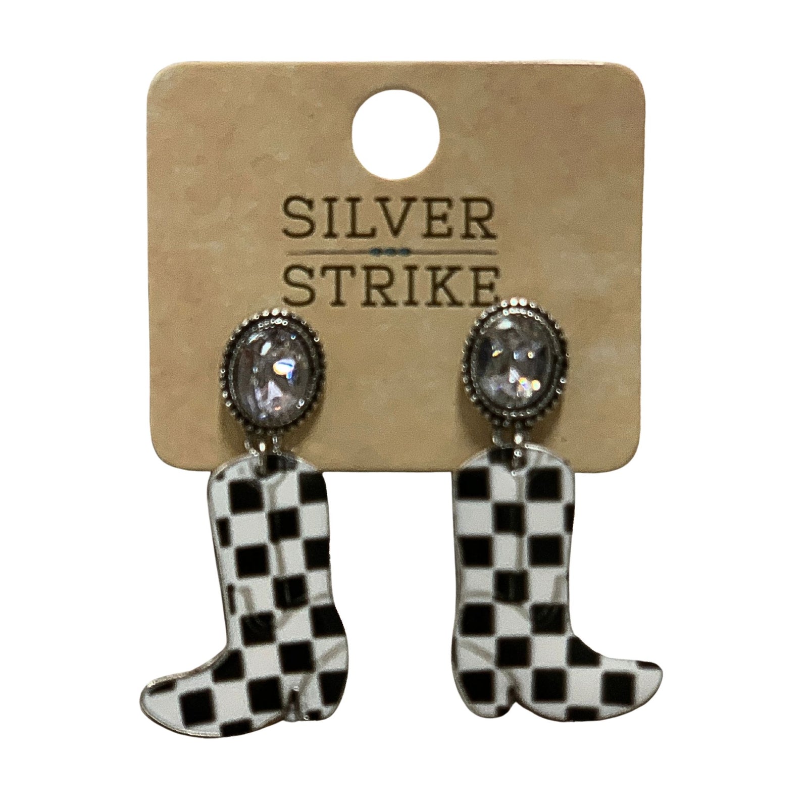 Checkered cowboy boot earrings on a 'Silver Strike' branded card.