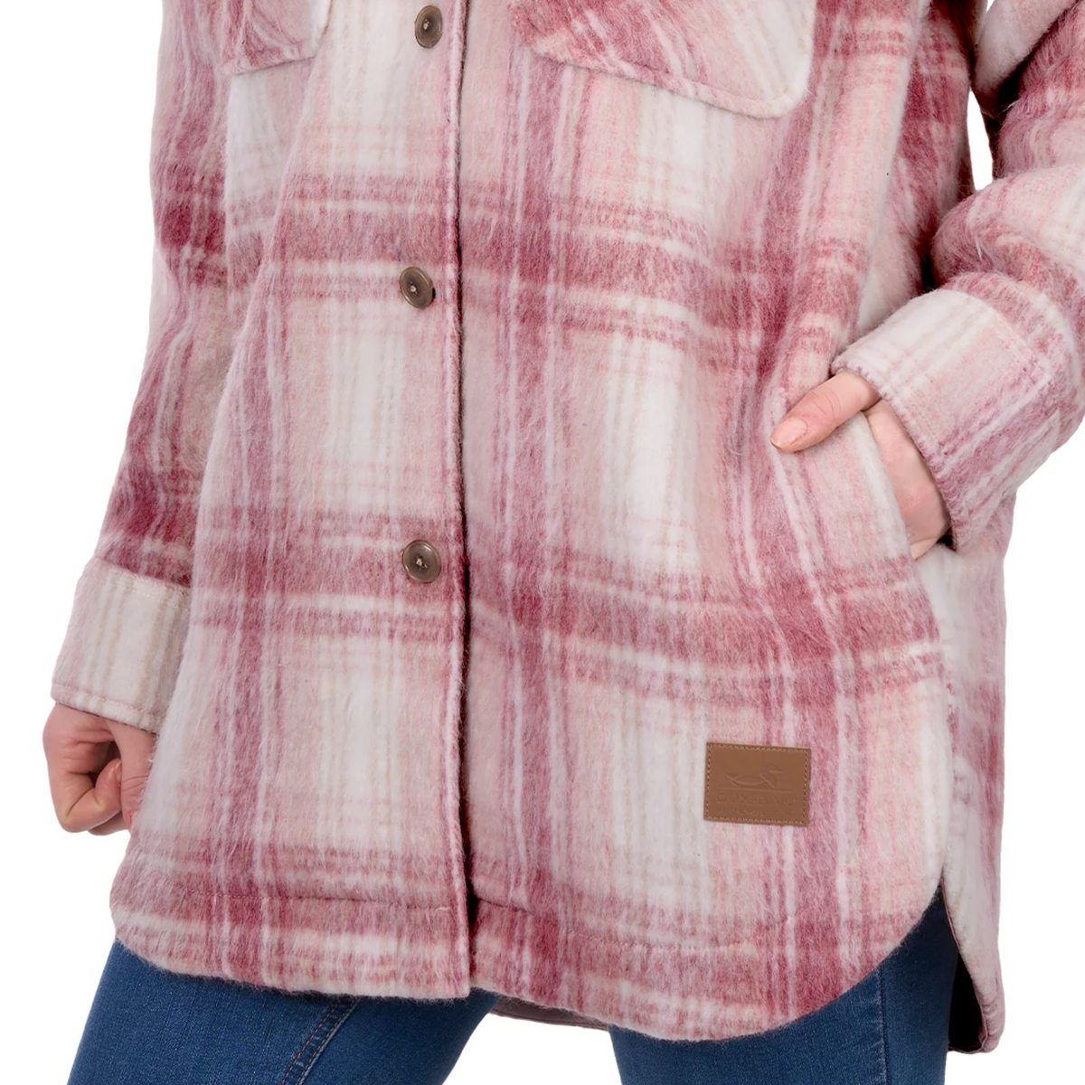 Plaid jacket with a brown patch on a white background