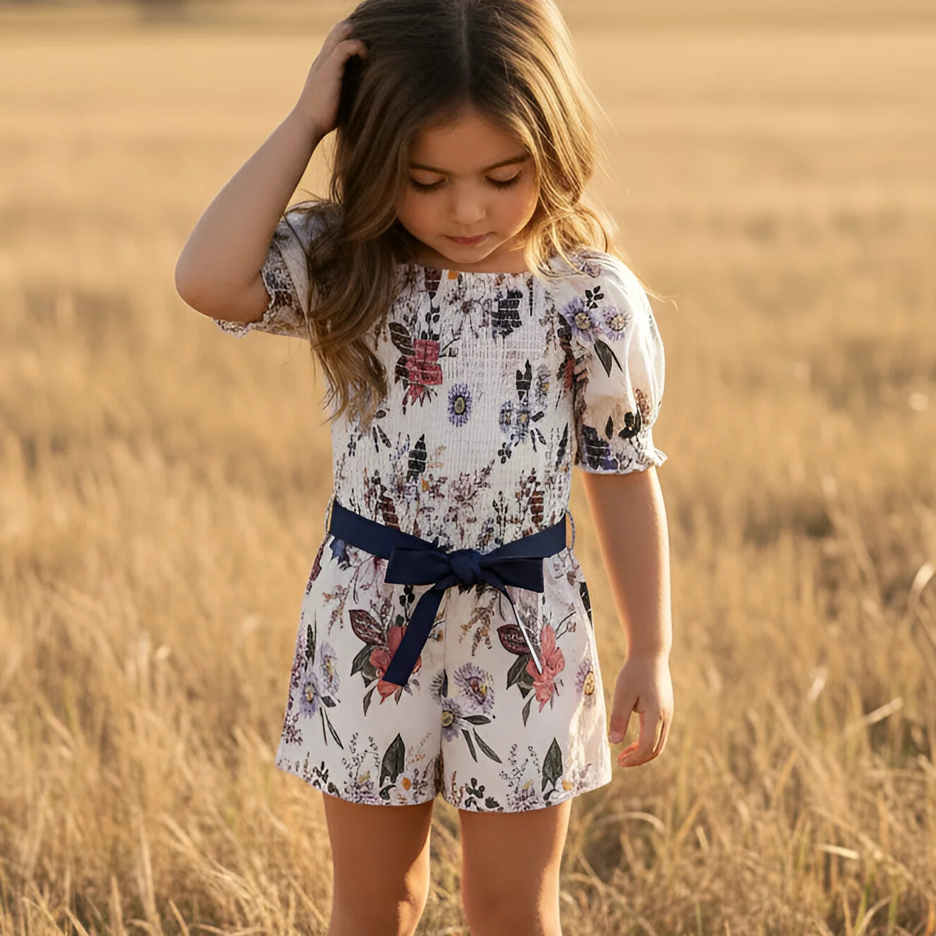 Young girl in a floral dress standing in a field of tall grass.