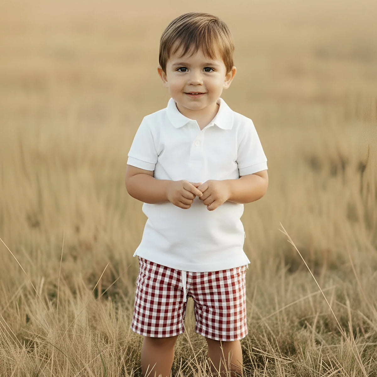 A young toddler boy standing in a field of dry golden grass, wearing a white short-sleeve polo shirt and red-and-white gingham shorts.